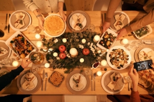 Top view of table set-up for Christmas dinner